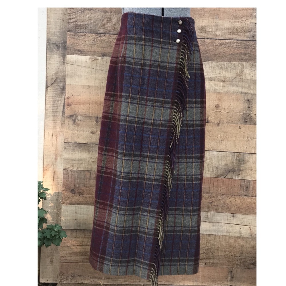 Ralph Lauren Plaid Midi Wrap Skirt in Burgundy, Blue and Gray